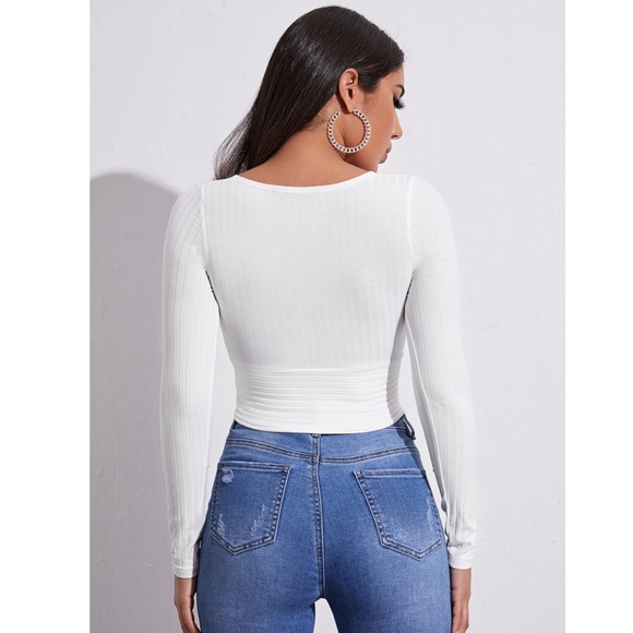 Deep V Neck Long Sleeve Rib-knit White Crop Top - Picture 2 of 12